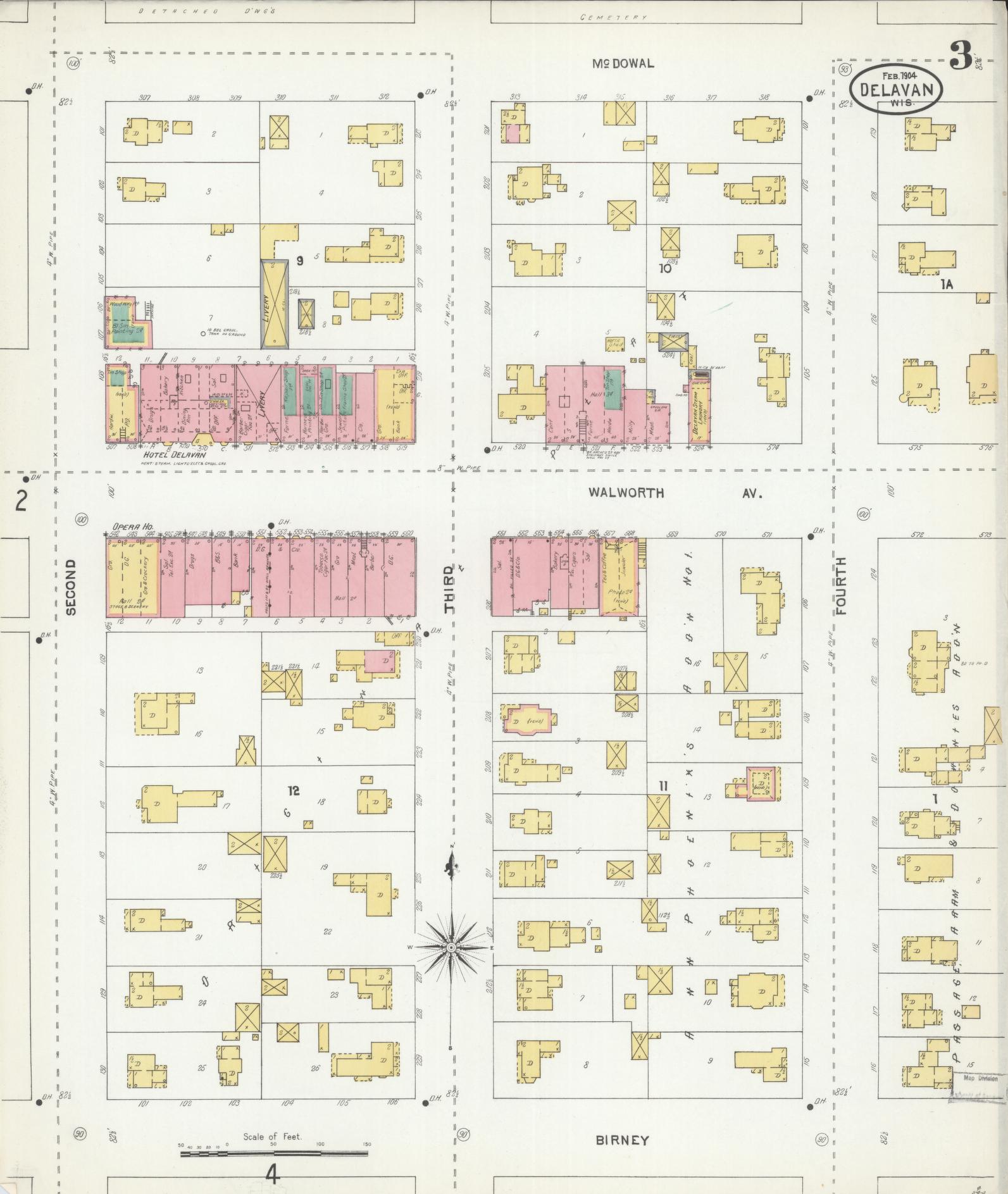 Sanborn Fire Insurance Map from Delavan, Walworth County, Wisconsin (1904), Sheet #0003 - Historic Sanborn Fire Insurance Map Print, vintage old map wall art, antique decor, genealogy gift, Wisconsin Wisconsin map
