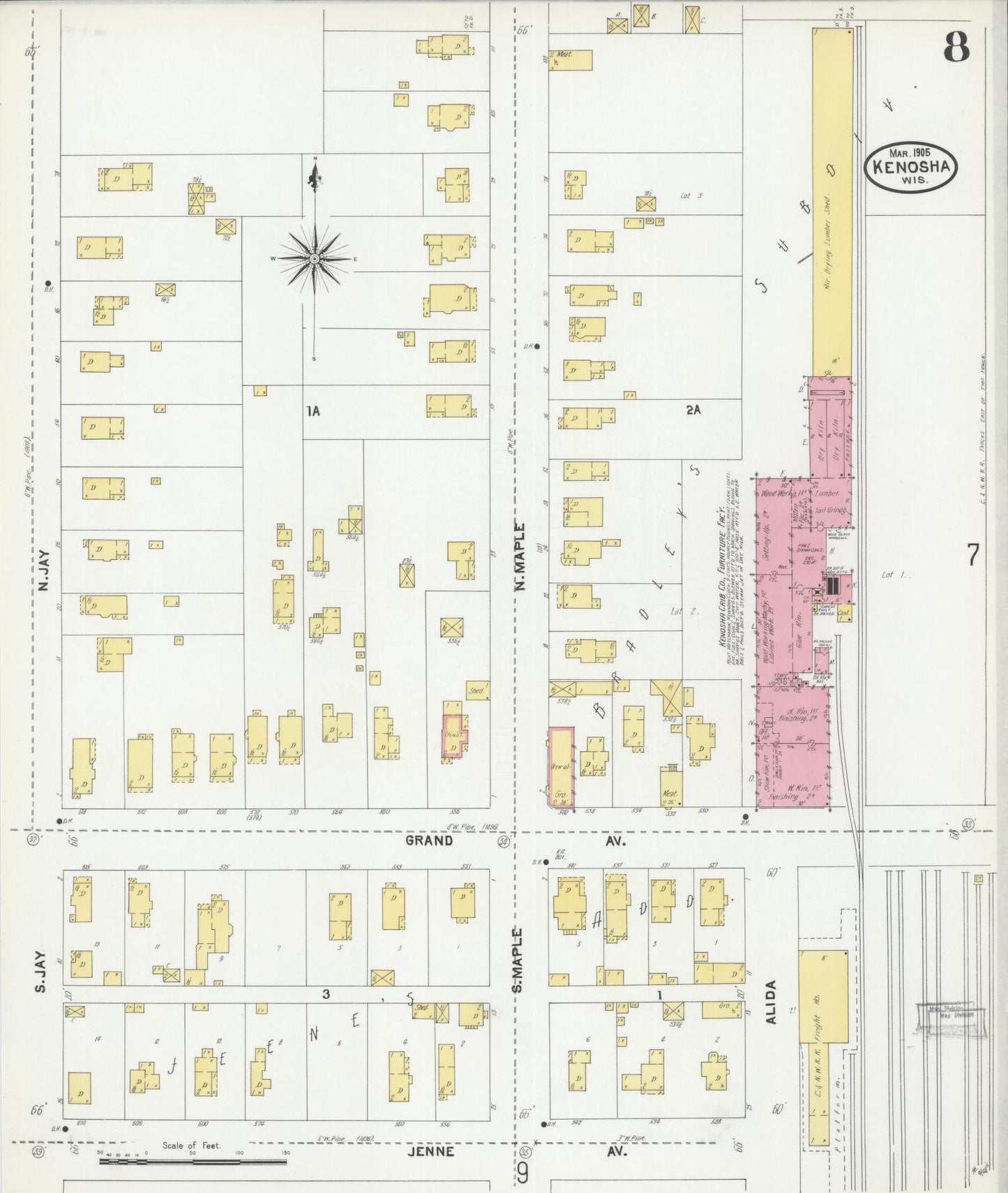 Sanborn Fire Insurance Map from Kenosha, Kenosha County, Wisconsin (1905), Sheet #0008 - Historic Sanborn Fire Insurance Map Print, vintage old map wall art, antique decor, genealogy gift, Wisconsin Wisconsin map