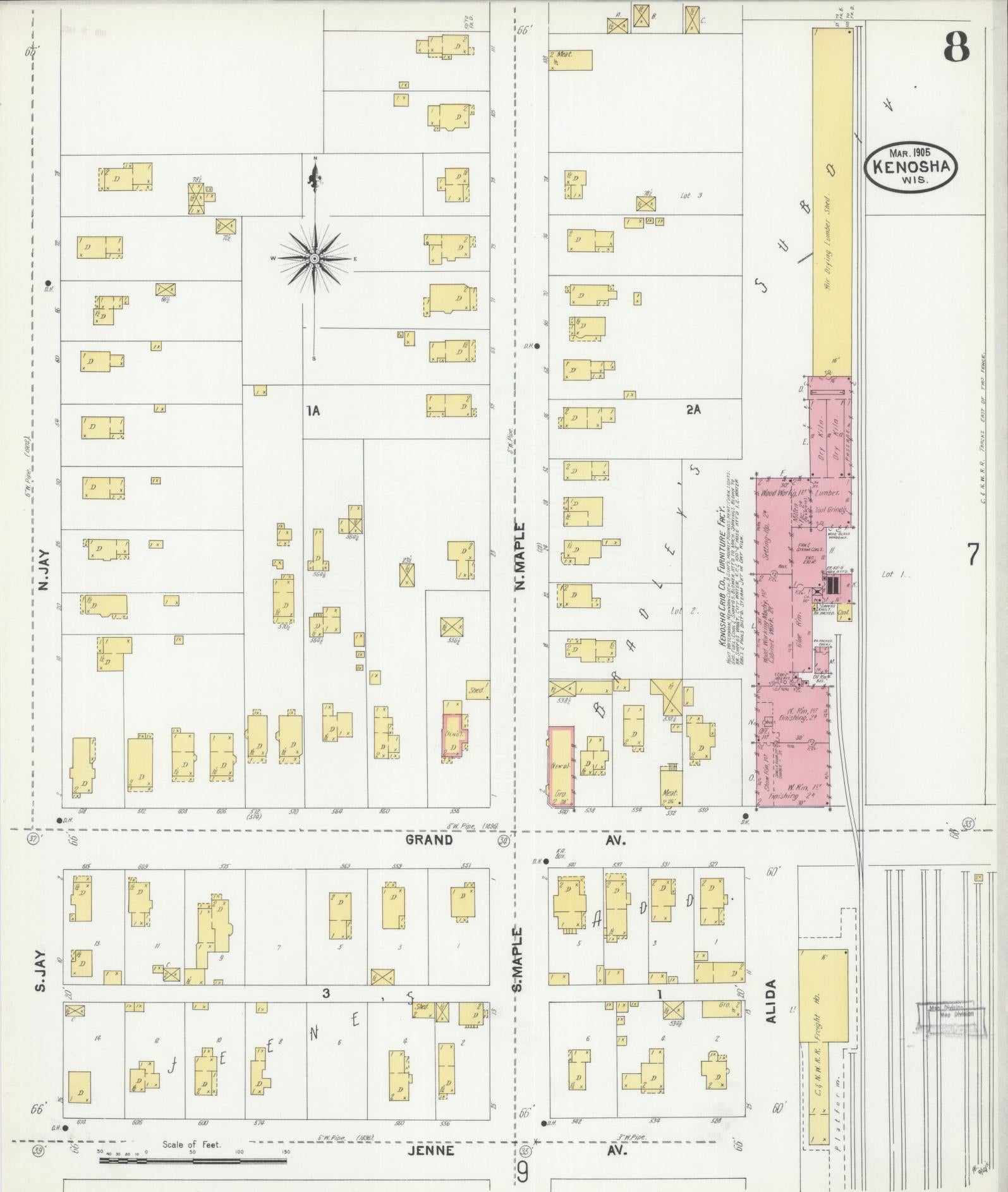 Sanborn Fire Insurance Map from Kenosha, Kenosha County, Wisconsin (1905), Sheet #0008 - Historic Sanborn Fire Insurance Map Print, vintage old map wall art, antique decor, genealogy gift, Wisconsin Wisconsin map