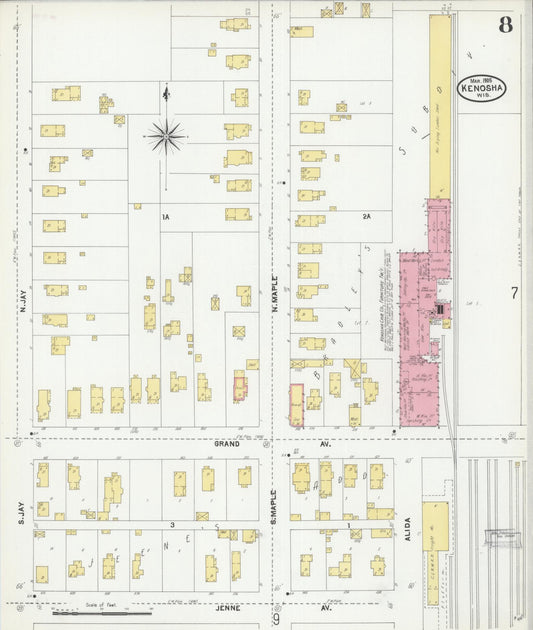 Sanborn Fire Insurance Map from Kenosha, Kenosha County, Wisconsin (1905), Sheet #0008 - Historic Sanborn Fire Insurance Map Print, vintage old map wall art, antique decor, genealogy gift, Wisconsin Wisconsin map