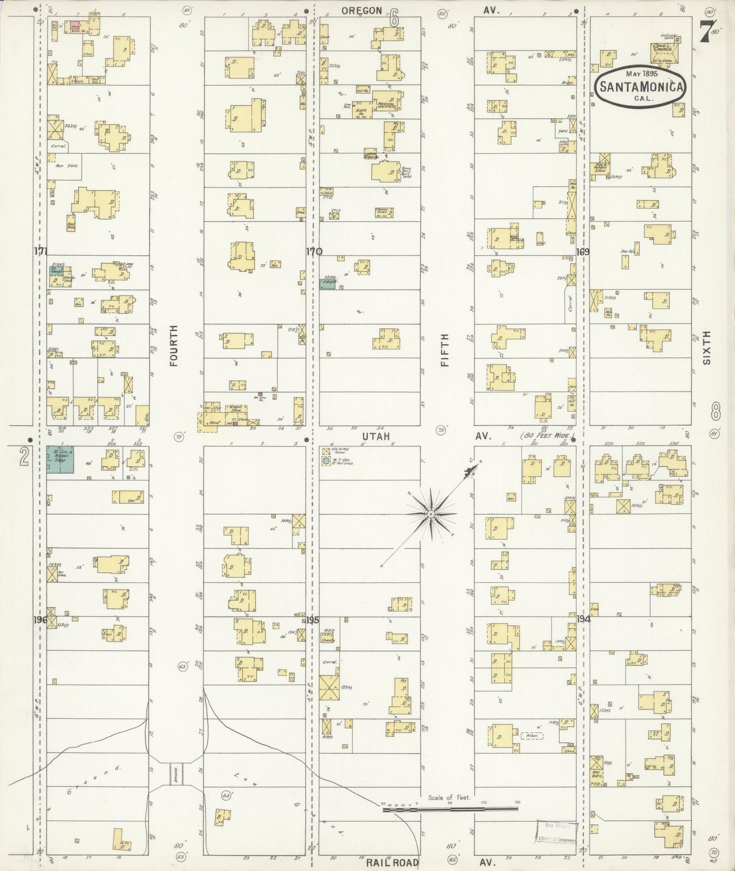 Sanborn Fire Insurance Map from Santa Monica, Los Angeles County, California (1895), Sheet #0007 - Complete Map Set gallery image, historic Sanborn map, vintage wall art, California California