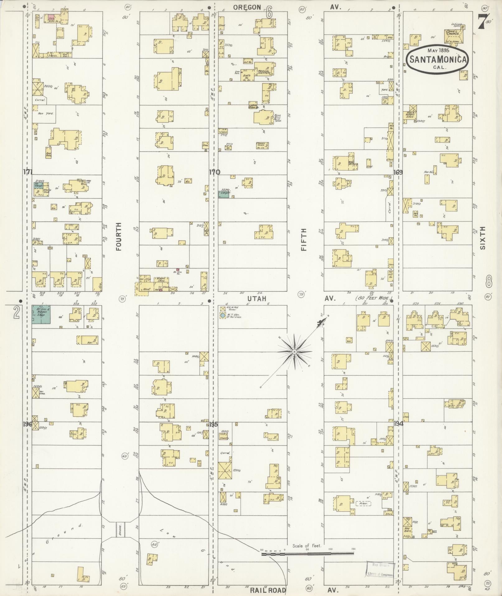 Sanborn Fire Insurance Map from Santa Monica, Los Angeles County, California (1895), Sheet #0007 - Complete Map Set gallery image, historic Sanborn map, vintage wall art, California California