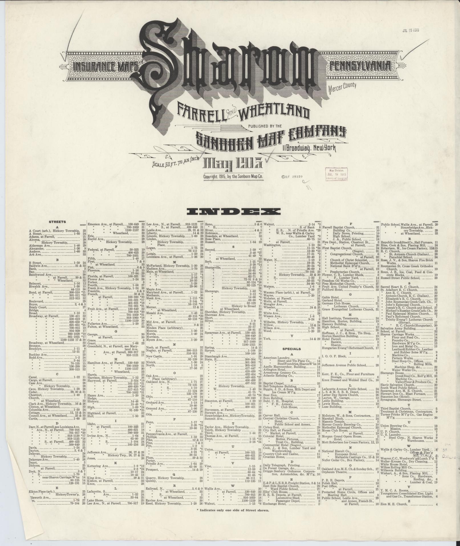Sanborn Fire Insurance Map from Sharon, Mercer County, Pennsylvania. (1915), Sheet 1 – Historic Sanborn Fire Insurance Map Print