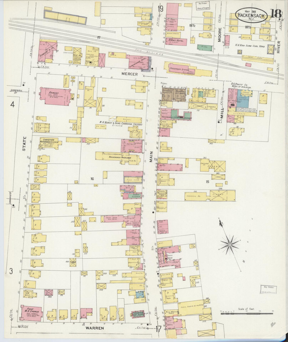 Sanborn Fire Insurance Map from Hackensack, Bergen County, New Jersey (1908), Sheet #0018 - Historic Sanborn Fire Insurance Map Print, vintage old map wall art, antique decor, genealogy gift, New Jersey New Jersey map