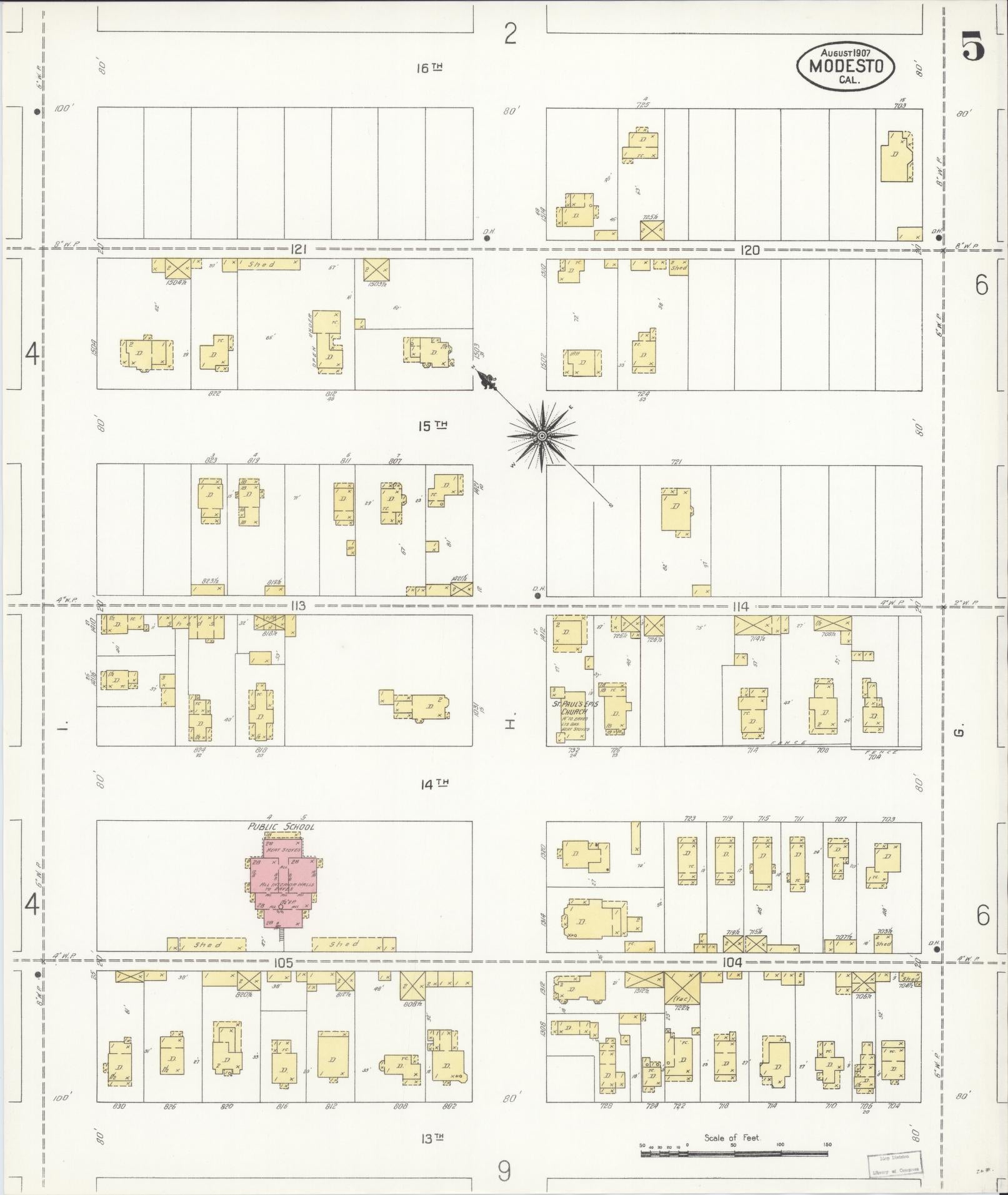 Sanborn Fire Insurance Map from Modesto, Stanislaus County, California (1907), Sheet #0005 - Complete Map Set gallery image, historic Sanborn map, vintage wall art, California California