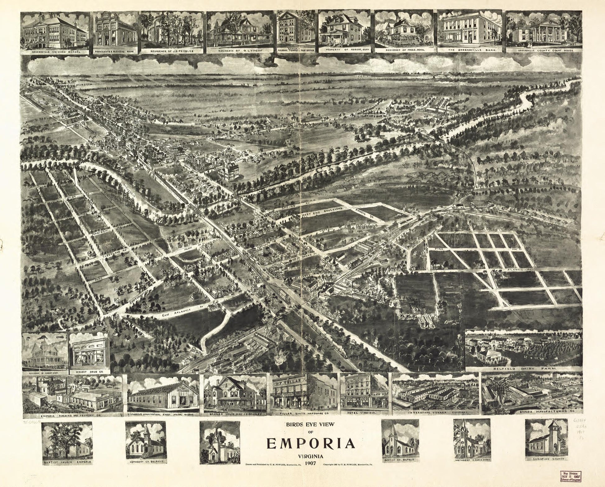 Birds eye view of Emporia, Virginia 1907. (1907) – Historic Bird’s-Eye View Panorama Print