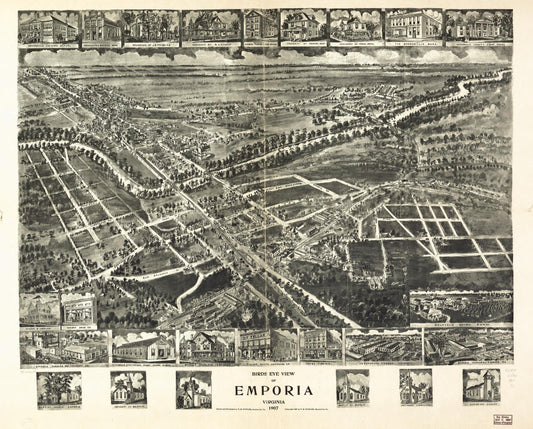 Birds eye view of Emporia, Virginia 1907. (1907) – Historic Bird’s-Eye View Panorama Print