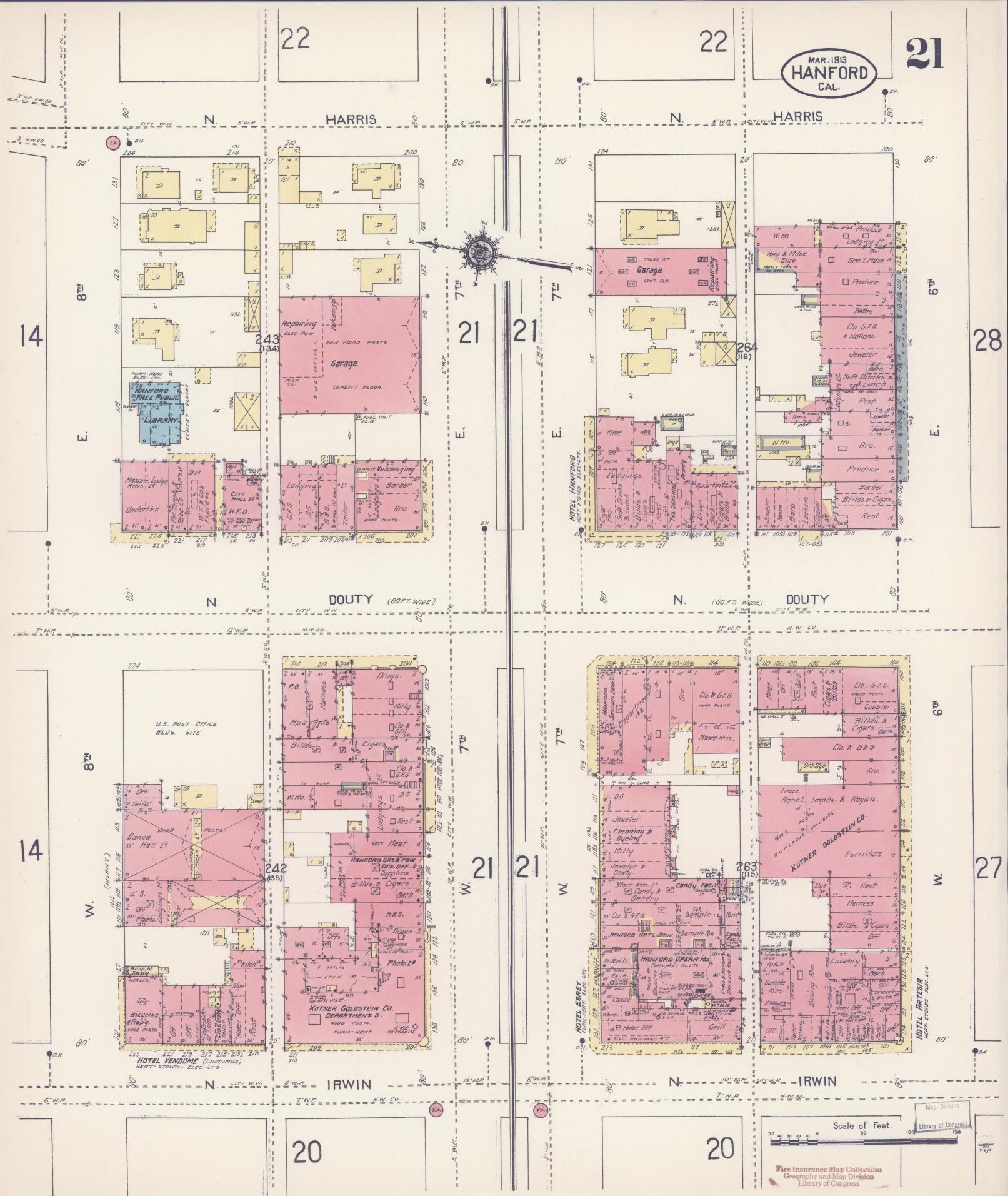 Sanborn Fire Insurance Map from Hanford, Kings County, California (1913), Sheet #0021 - Historic Sanborn Fire Insurance Map Print, vintage old map wall art, antique decor, genealogy gift, California California map