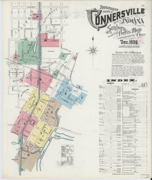 Sanborn Fire Insurance Map from Connersville, Fayette County, Indiana (1896), Sheet #0001 - Historic Sanborn Fire Insurance Map Print, vintage old map wall art, antique decor, genealogy gift, Indiana Indiana map