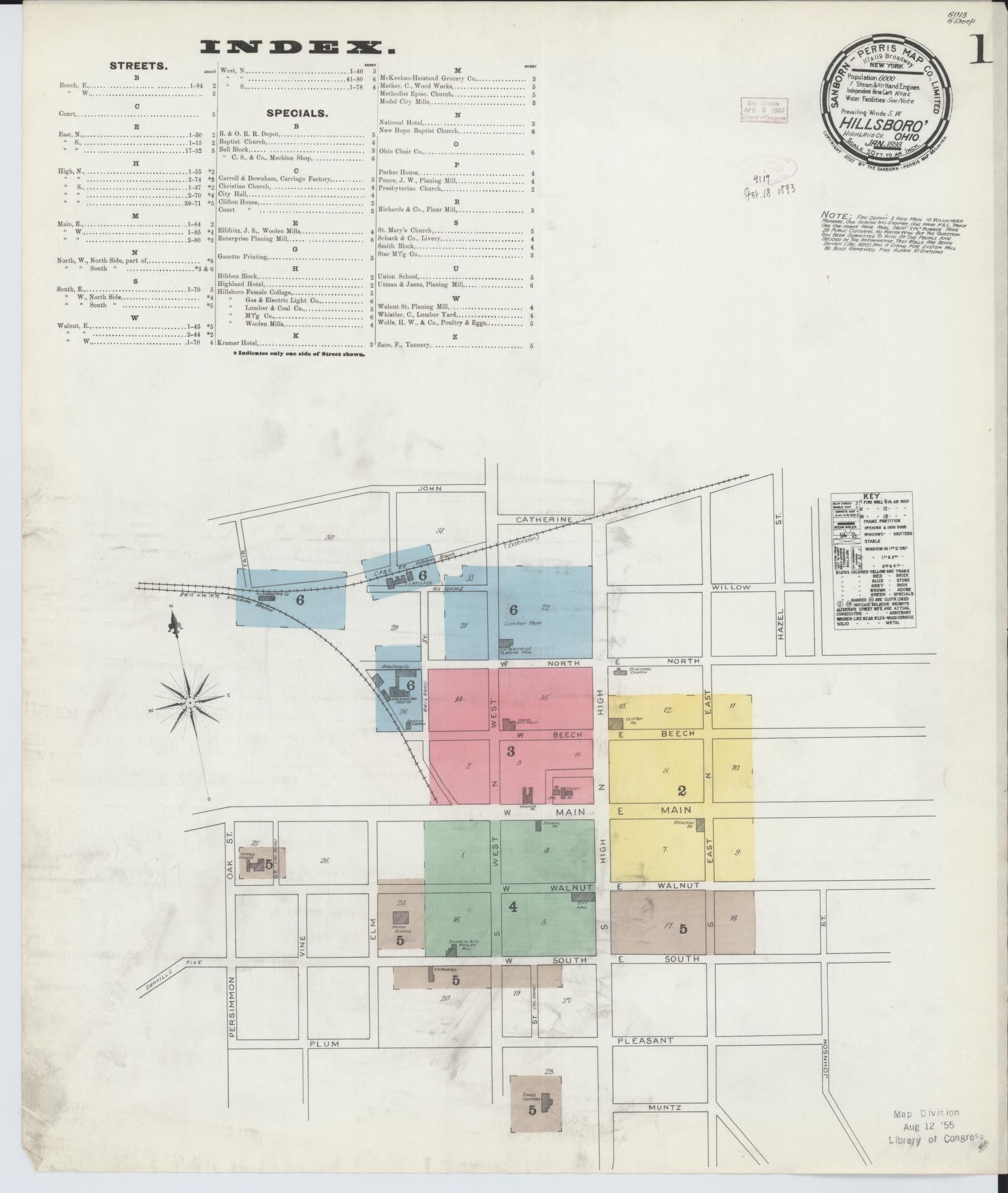 Sanborn Fire Insurance Map from Hillsboro, Highland County, Ohio (1893), Sheet #0001 - Historic Sanborn Fire Insurance Map Print, vintage old map wall art, antique decor, genealogy gift, Ohio Ohio map