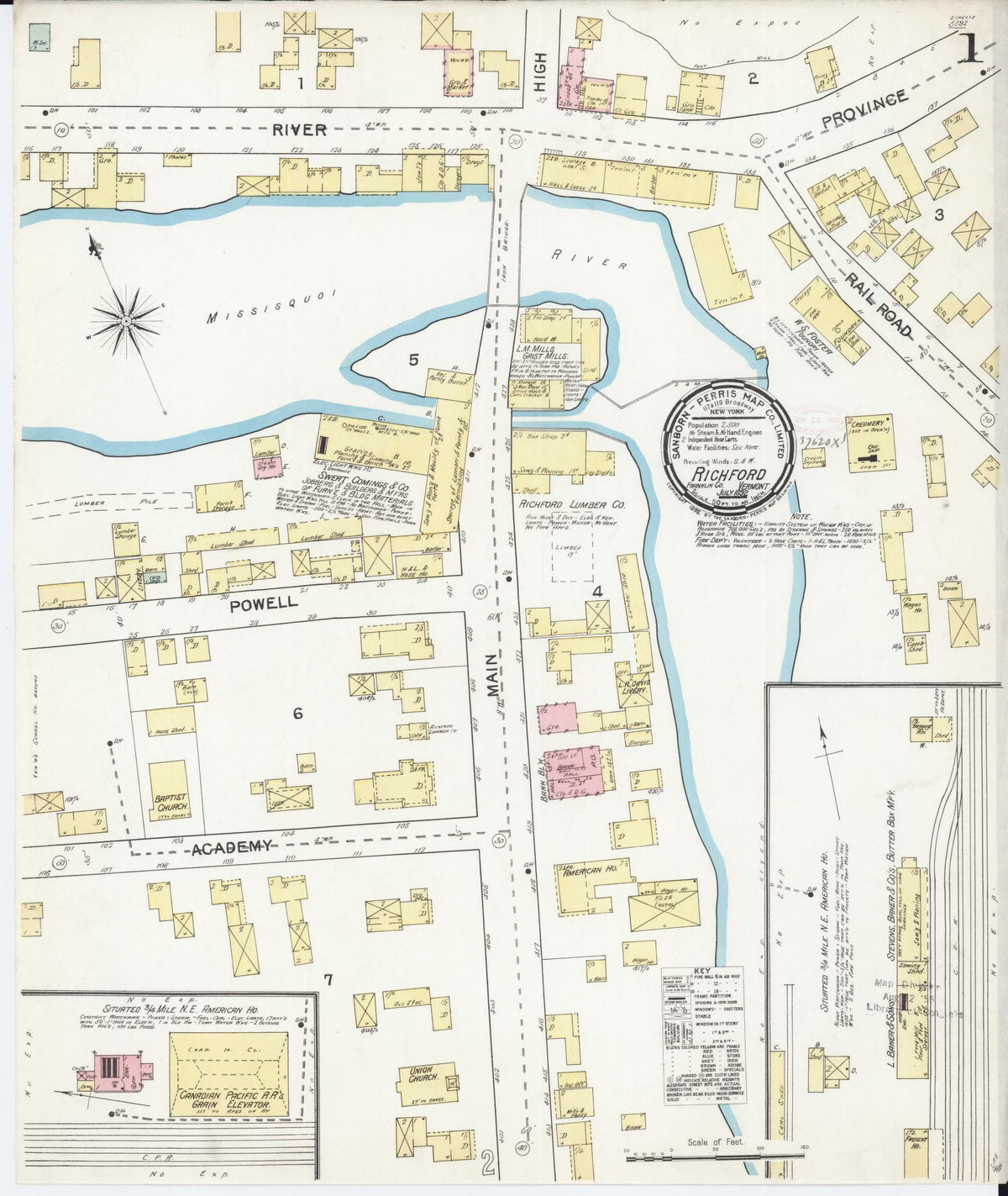 Sanborn Fire Insurance Map from Richford, Franklin County, Vermont (1892), Sheet #0001 - Complete Map Set gallery image, historic Sanborn map, vintage wall art, Vermont Vermont
