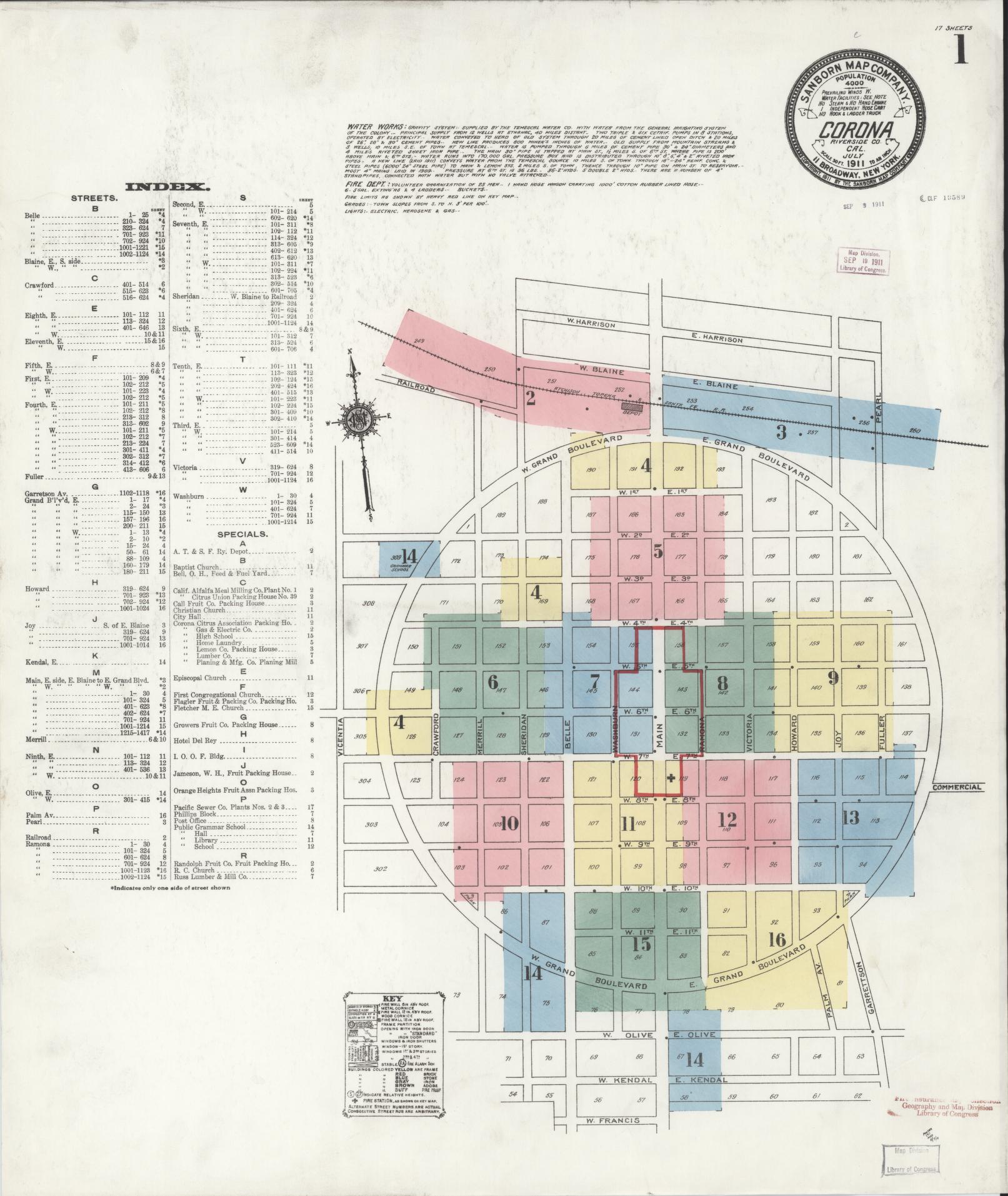 Sanborn Fire Insurance Map from Corona, Riverside County, California (1911), Sheet #0001 - Complete Map Set gallery image, historic Sanborn map, vintage wall art, California California