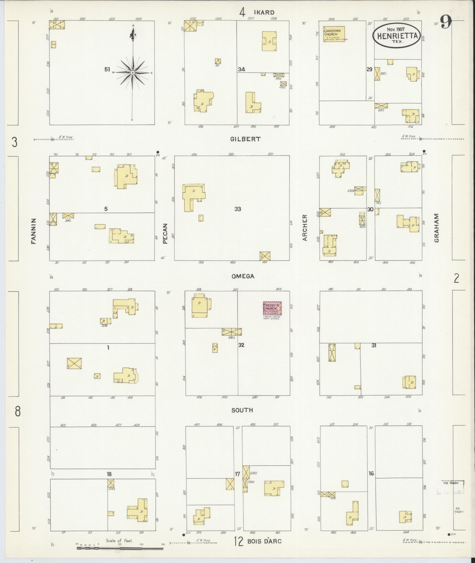 Sanborn Fire Insurance Map from Henrietta, Clay County, Texas (1907), Sheet #0009 - Historic Sanborn Fire Insurance Map Print, vintage old map wall art, antique decor, genealogy gift, Texas Texas map