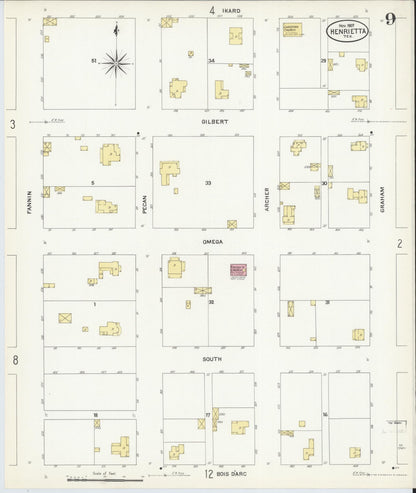 Sanborn Fire Insurance Map from Henrietta, Clay County, Texas (1907), Sheet #0009 - Historic Sanborn Fire Insurance Map Print, vintage old map wall art, antique decor, genealogy gift, Texas Texas map
