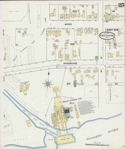 Sanborn Fire Insurance Map from Eau Claire, Eau Claire County, Wisconsin (1889), Sheet #0025 - Historic Sanborn Fire Insurance Map Print, vintage old map wall art, antique decor, genealogy gift, Wisconsin Wisconsin map