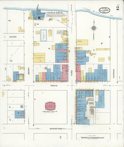 Sanborn Fire Insurance Map from Llano, Llano County, Texas (1921), Sheet #0002 - Historic Sanborn Fire Insurance Map Print, vintage old map wall art, antique decor, genealogy gift, Texas Texas map