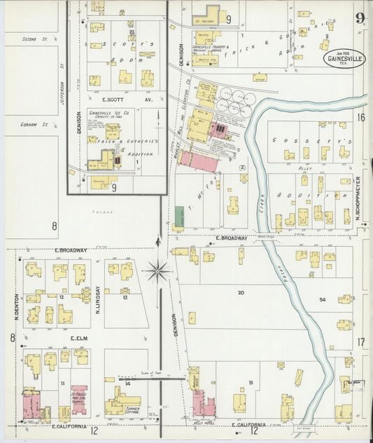 Sanborn Fire Insurance Map from Gainesville, Cooke County, Texas (1902), Sheet #0009 - Historic Sanborn Fire Insurance Map Print, vintage old map wall art, antique decor, genealogy gift, Texas Texas map