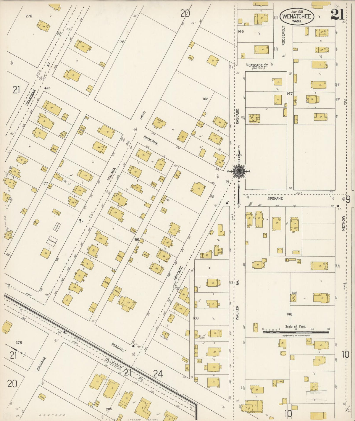 Sanborn Fire Insurance Map from Wenatchee, Chelan County, Washington (1921), Sheet #0021 - Historic Sanborn Fire Insurance Map Print, vintage old map wall art, antique decor, genealogy gift, Washington Washington map