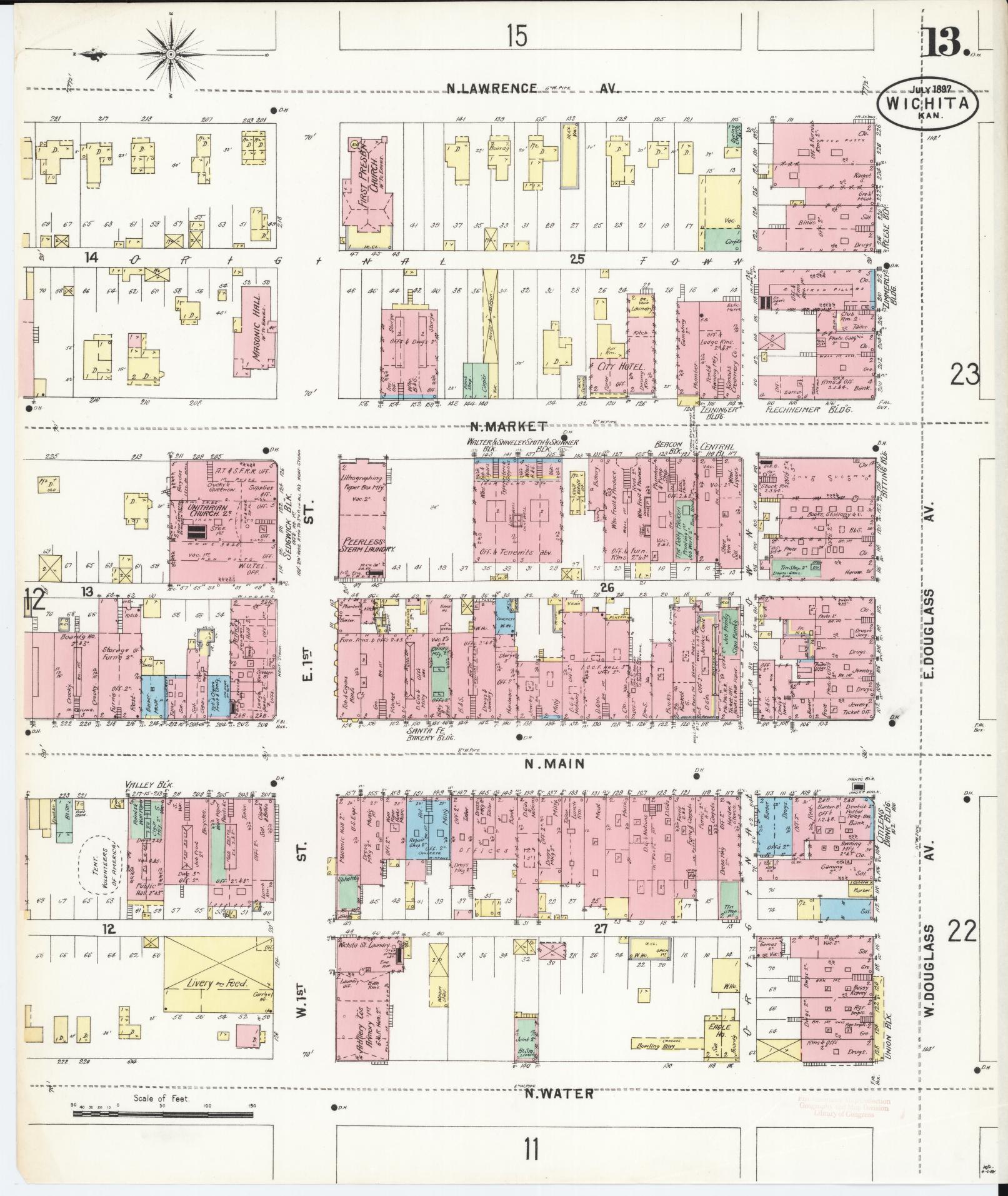 Sanborn Fire Insurance Map from Wichita, Sedgwick County, Kansas (1897), Sheet #0013 - Complete Map Set gallery image, historic Sanborn map, vintage wall art, Kansas Kansas