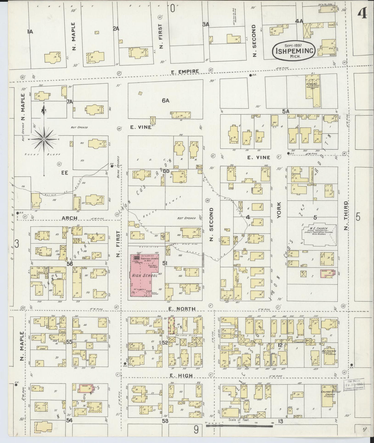 Sanborn Fire Insurance Map from Ishpeming, Marquette County, Michigan (1897), Sheet #0004 - Historic Sanborn Fire Insurance Map Print, vintage old map wall art, antique decor, genealogy gift, Michigan Michigan map
