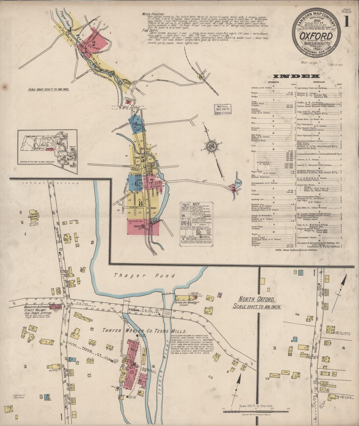Sanborn Fire Insurance Map from Oxford, Worcester County, Massachusetts (1922), Sheet #0001 - Complete Map Set gallery image, historic Sanborn map, vintage wall art, Massachusetts Massachusetts