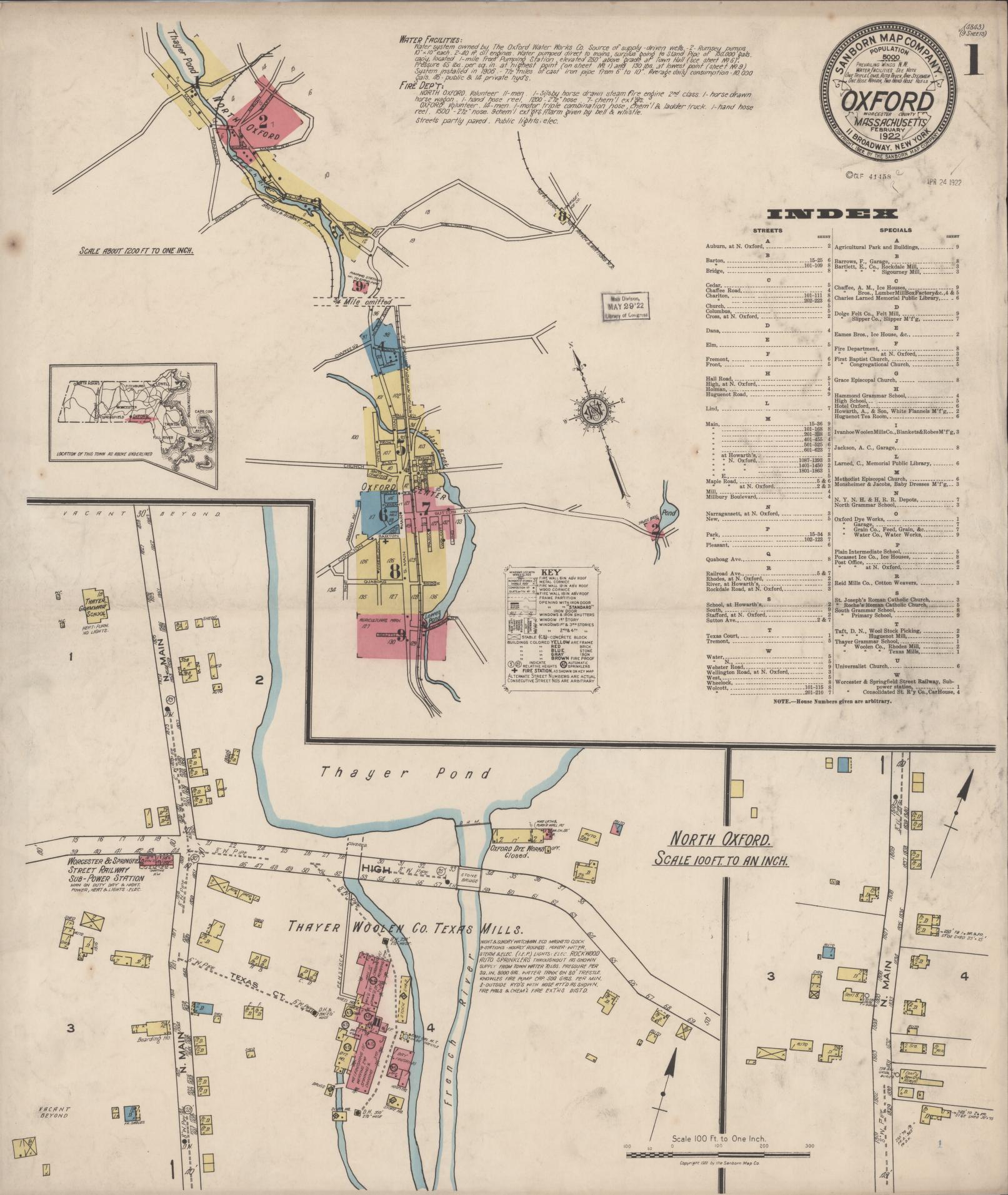 Sanborn Fire Insurance Map from Oxford, Worcester County, Massachusetts (1922), Sheet #0001 - Complete Map Set gallery image, historic Sanborn map, vintage wall art, Massachusetts Massachusetts