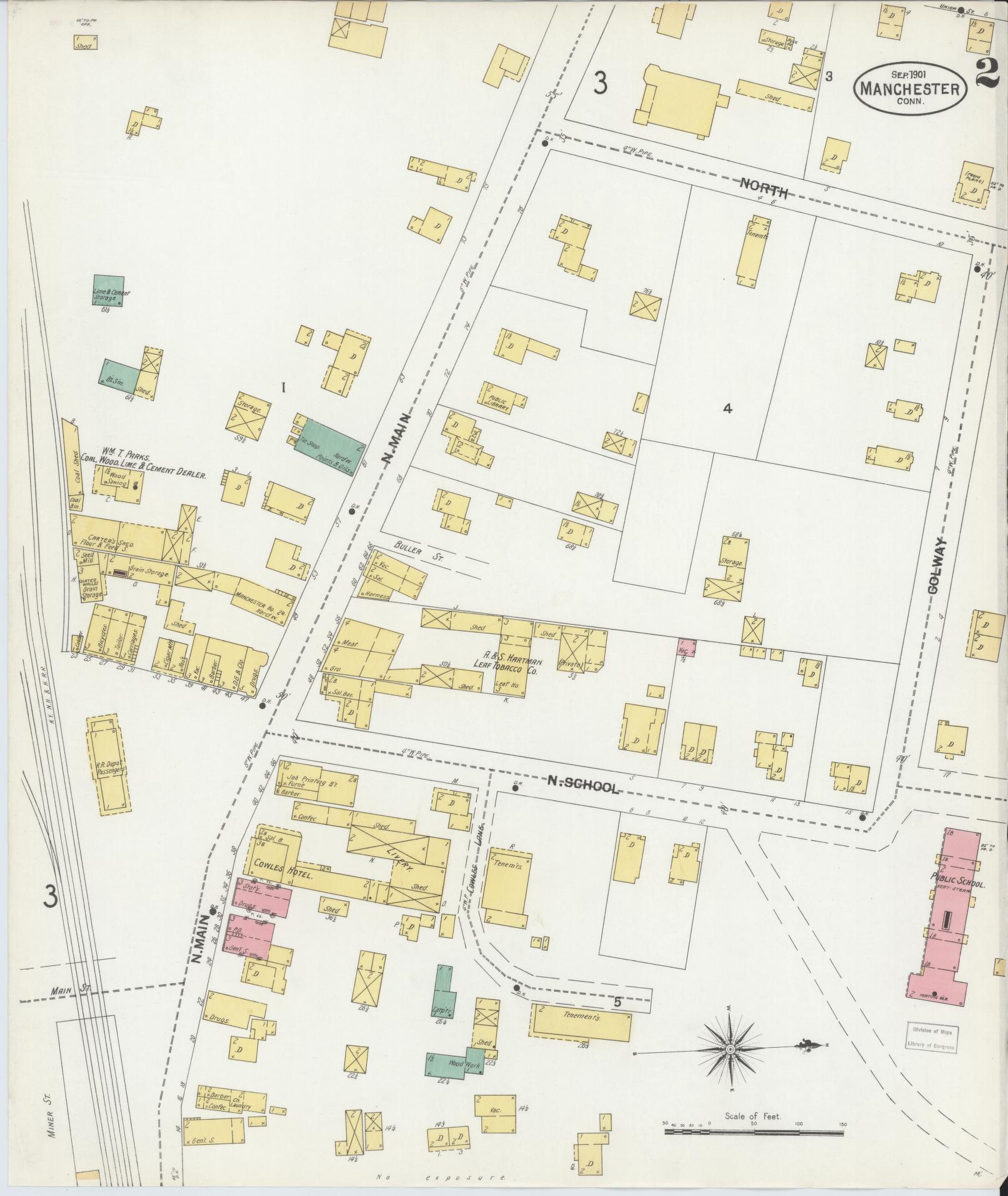 Sanborn Fire Insurance Map from Manchester, Hartford County, Connecticut (1901), Sheet #0002 - Complete Map Set gallery image, historic Sanborn map, vintage wall art, Connecticut Connecticut