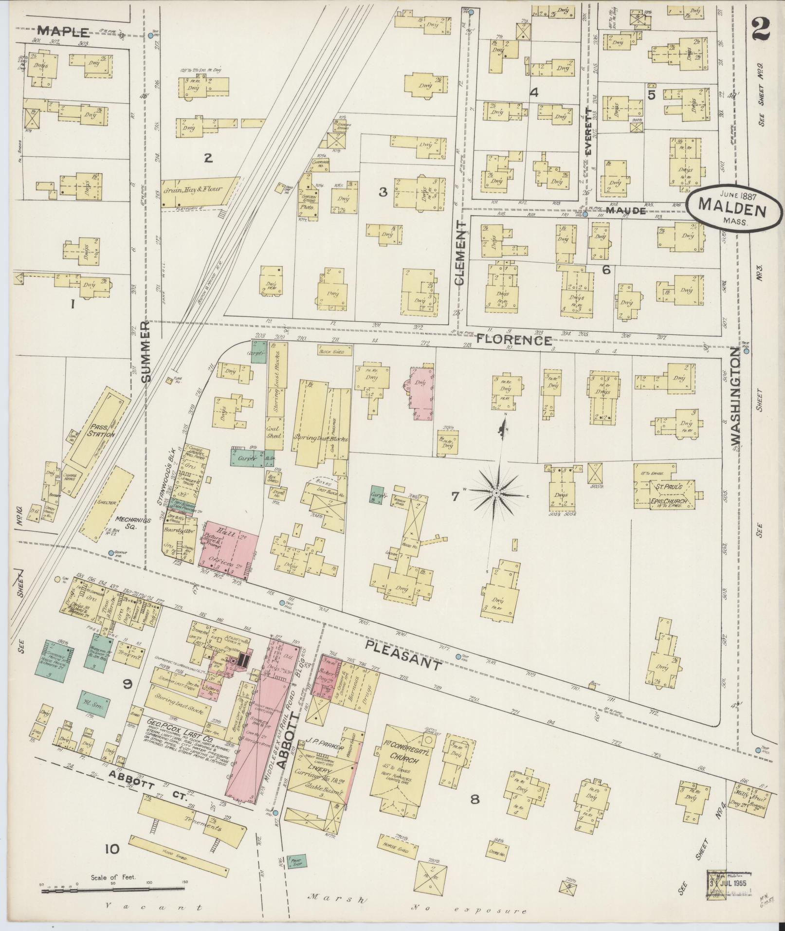 Sanborn Fire Insurance Map from Malden, Middlesex County, Massachusetts (1887), Sheet #0002 - Historic Sanborn Fire Insurance Map Print, vintage old map wall art, antique decor, genealogy gift, Massachusetts Massachusetts map
