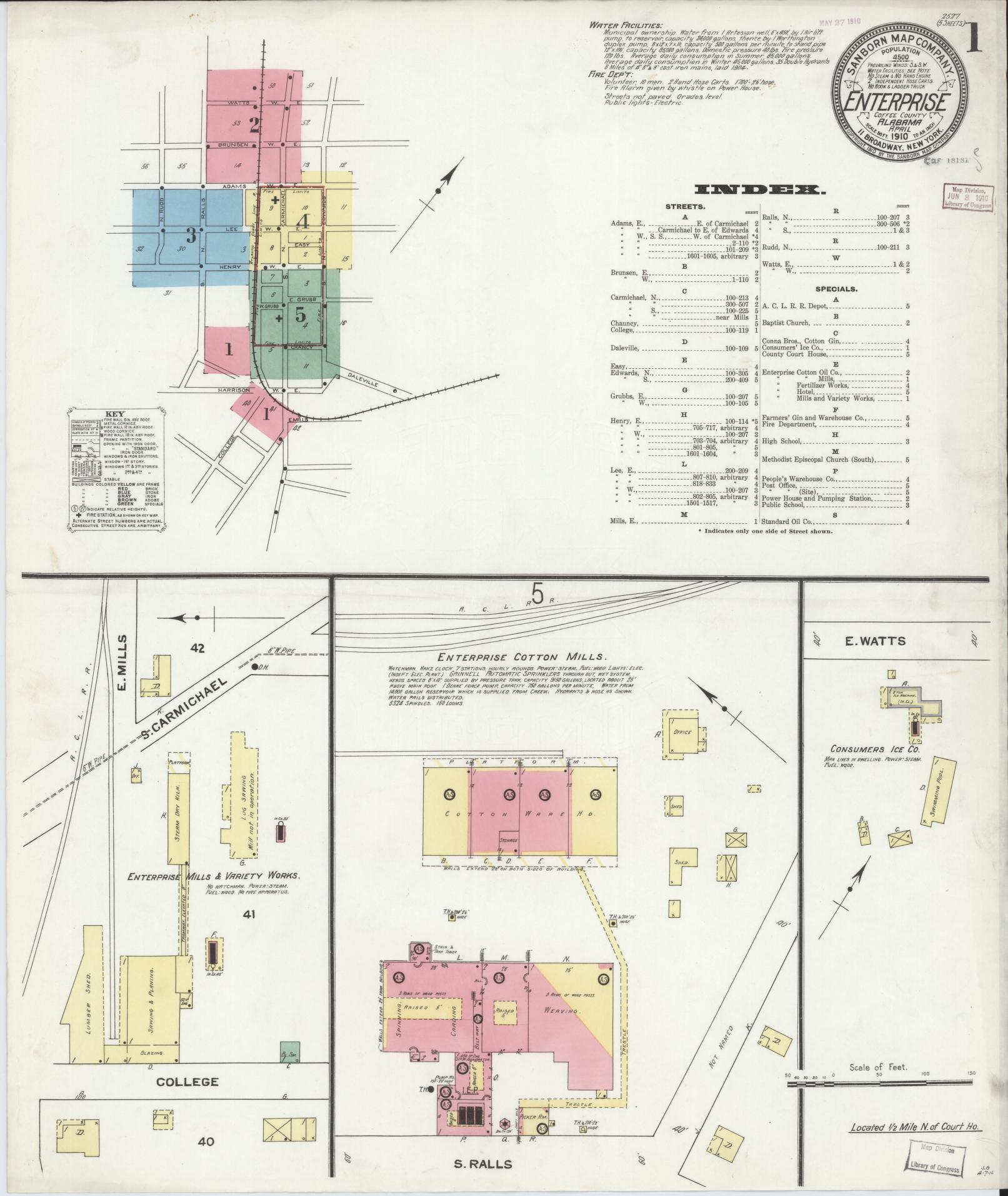 Sanborn Fire Insurance Map from Enterprise, Coffee County, Alabama (1910), Sheet #0001 - Complete Map Set gallery image, historic Sanborn map, vintage wall art, Alabama Alabama