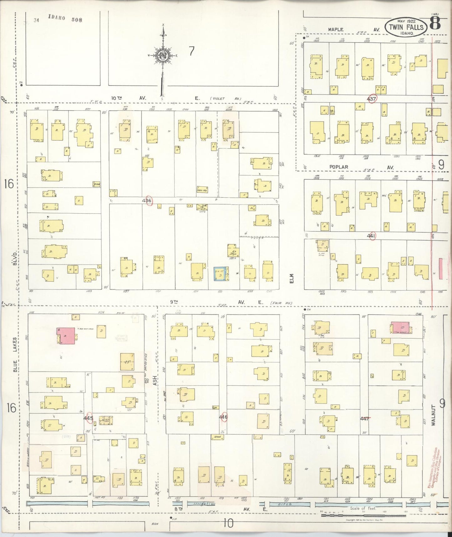 Sanborn Fire Insurance Map from Twin Falls, Twin Falls County, Idaho (1949), Sheet #0008 - Historic Sanborn Fire Insurance Map Print, vintage old map wall art, antique decor, genealogy gift, Falls Idaho map