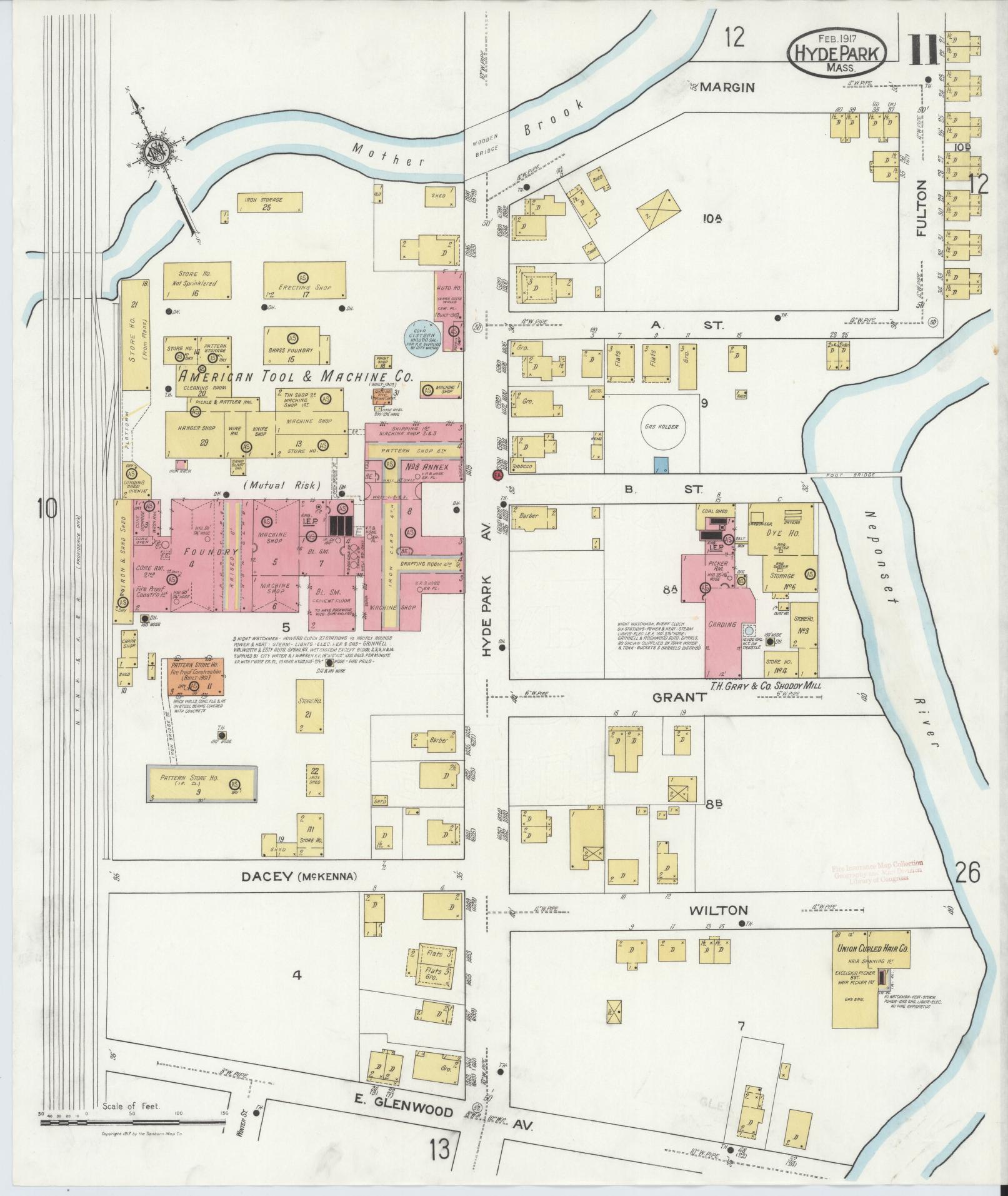 Sanborn Fire Insurance Map from Hyde Park, Norfolk County, Massachusetts (1917), Sheet #0011 - Historic Sanborn Fire Insurance Map Print, vintage old map wall art, antique decor, genealogy gift, Massachusetts Massachusetts map