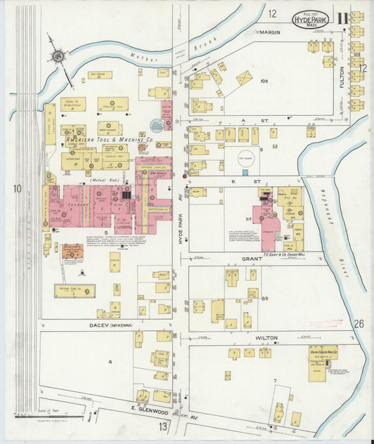 Sanborn Fire Insurance Map from Hyde Park, Norfolk County, Massachusetts (1917), Sheet #0011 - Historic Sanborn Fire Insurance Map Print, vintage old map wall art, antique decor, genealogy gift, Massachusetts Massachusetts map