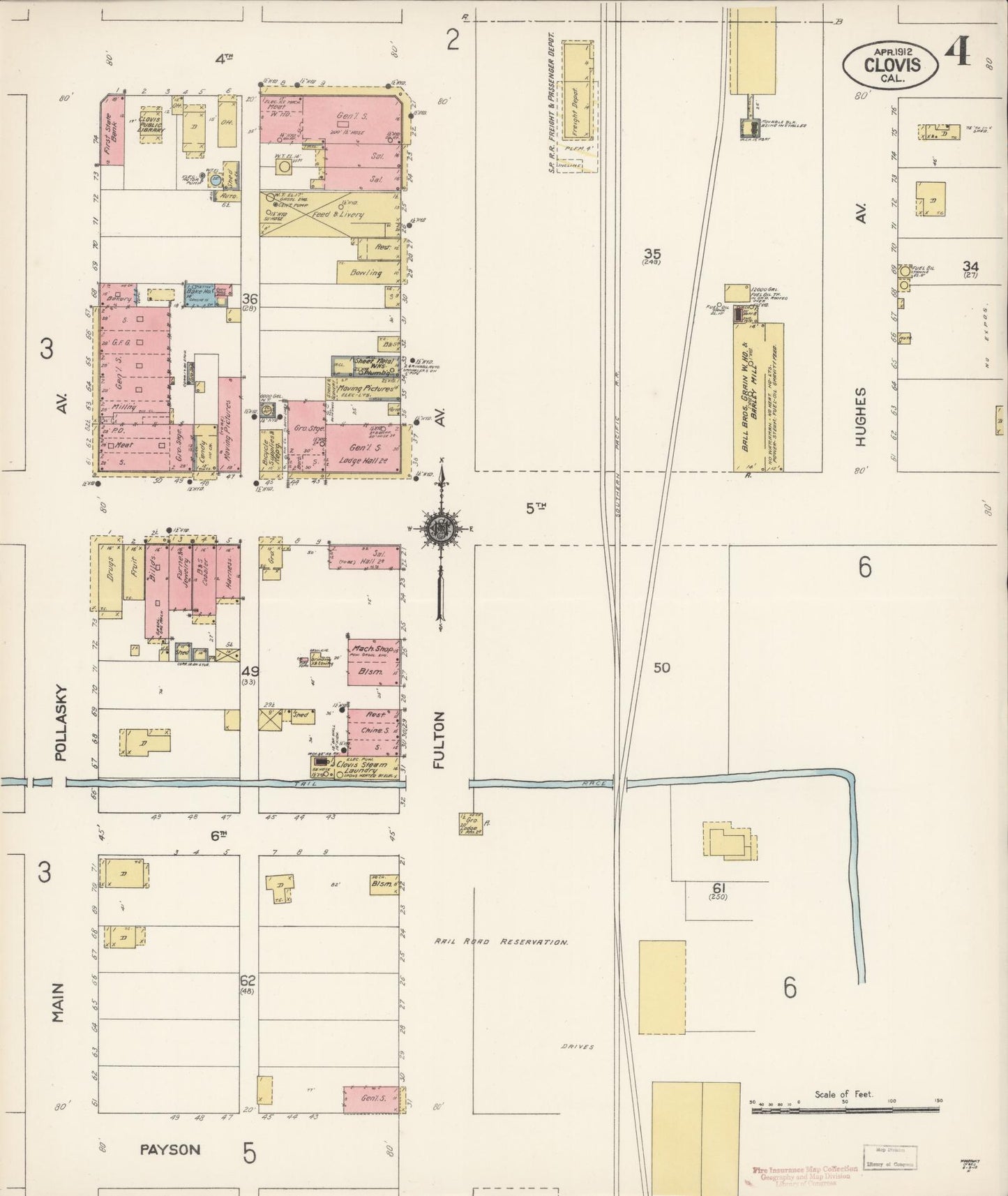 Sanborn Fire Insurance Map from Clovis, Fresno County, California (1912), Sheet #0004 - Complete Map Set gallery image, historic Sanborn map, vintage wall art, California California