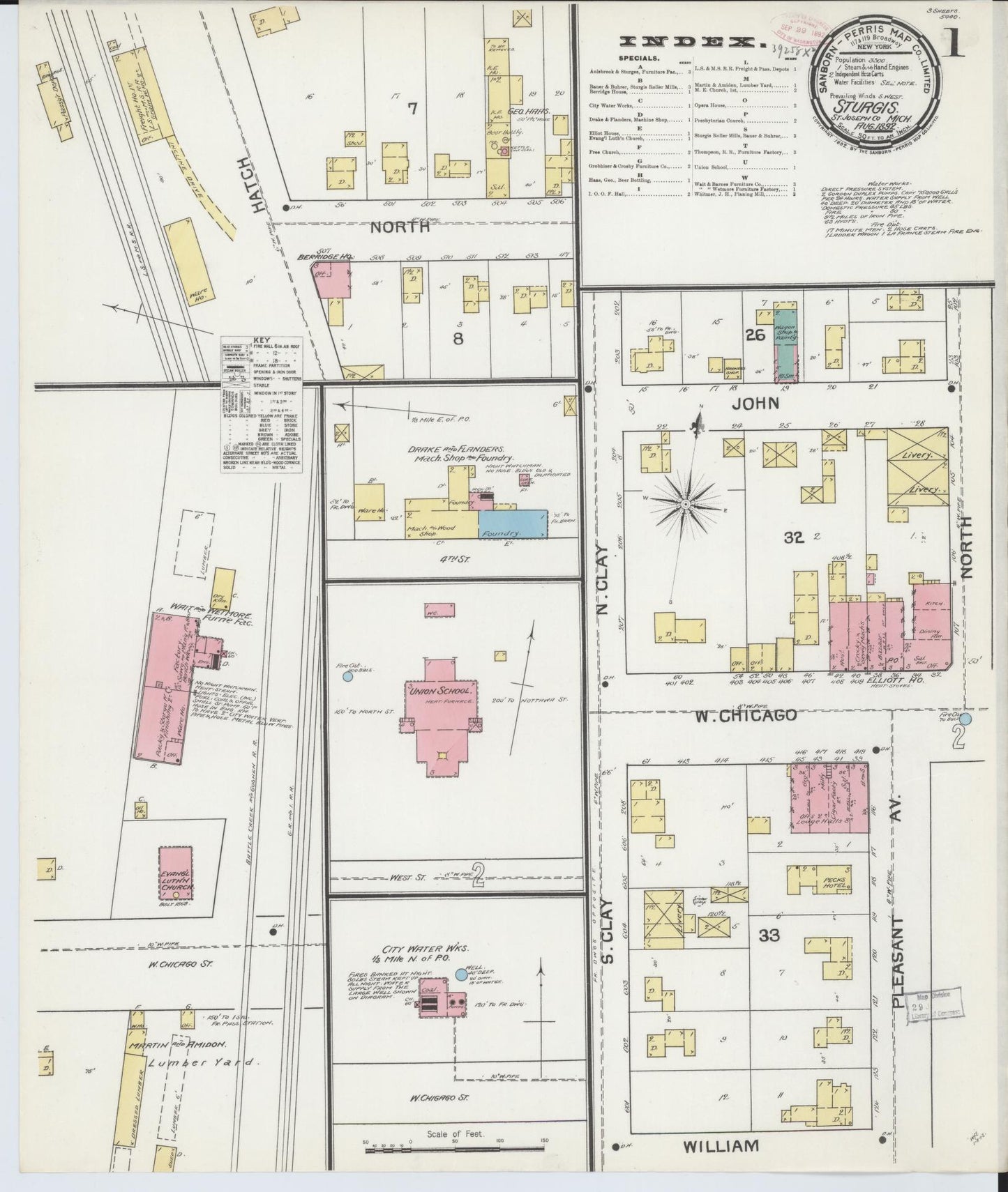 Sanborn Fire Insurance Map from Sturgis, Saint Joseph County, Michigan (1892), Sheet #0001 - Historic Sanborn Fire Insurance Map Print, vintage old map wall art, antique decor, genealogy gift, Michigan Michigan map