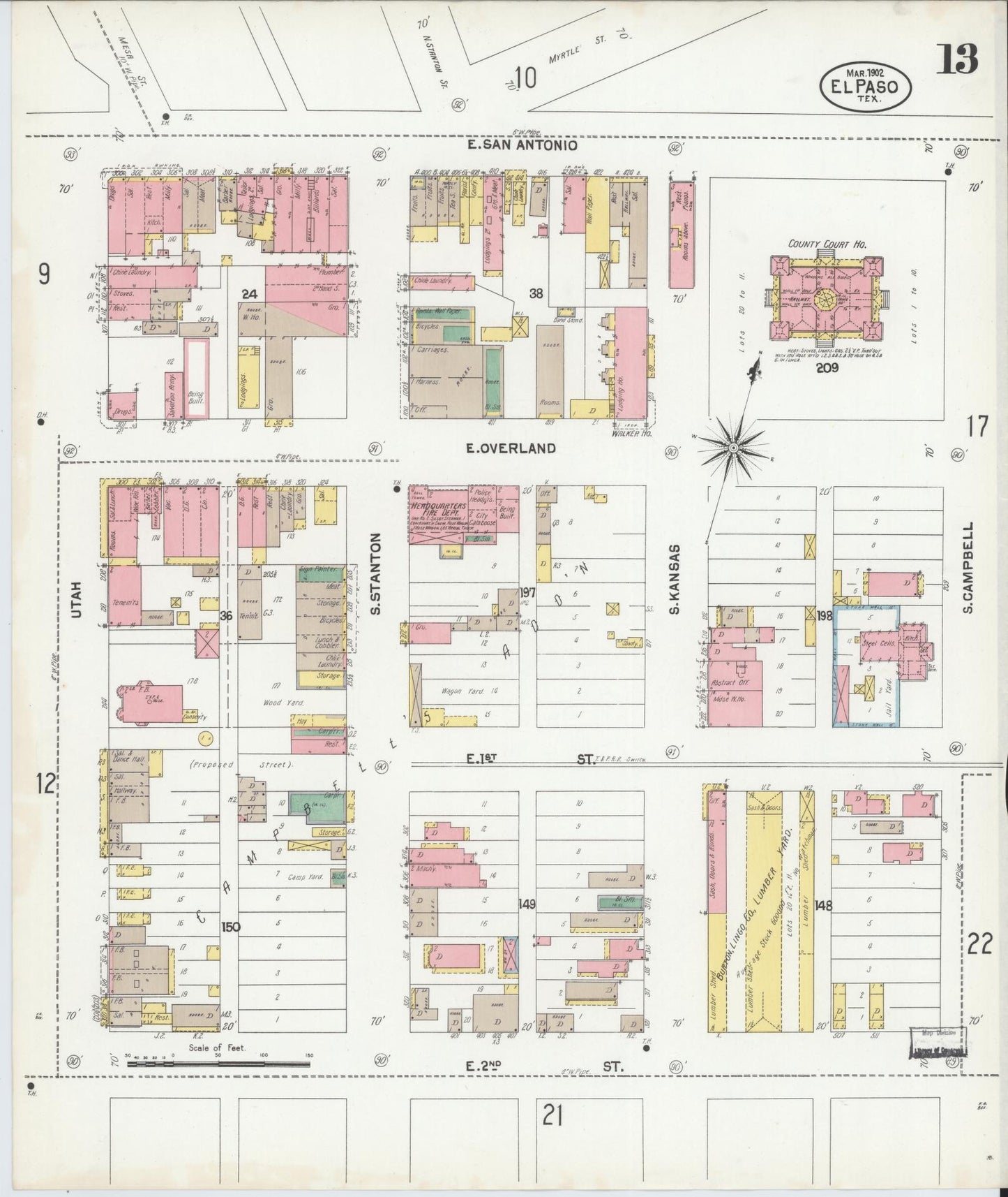 Sanborn Fire Insurance Map from El Paso, El Paso County, Texas (1902), Sheet #0013 - Complete Map Set gallery image, historic Sanborn map, vintage wall art, Texas Texas
