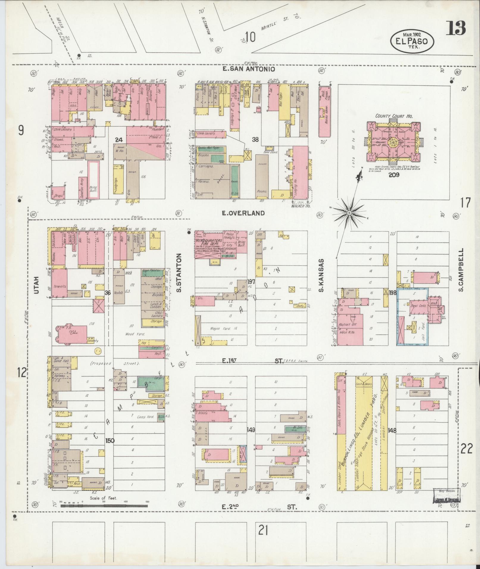Sanborn Fire Insurance Map from El Paso, El Paso County, Texas (1902), Sheet #0013 - Complete Map Set gallery image, historic Sanborn map, vintage wall art, Texas Texas