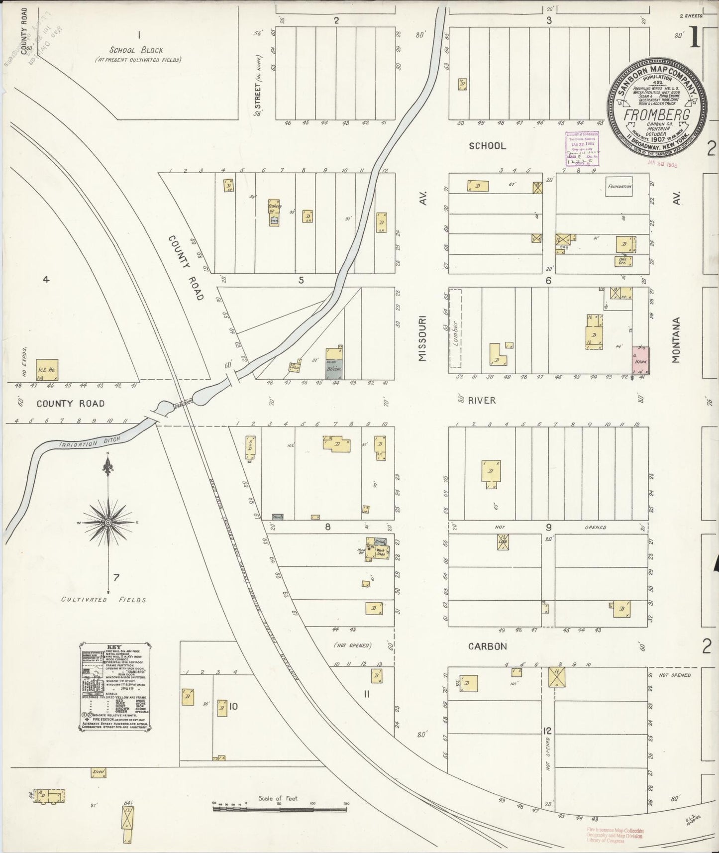 Sanborn Fire Insurance Map from Fromberg, Carbon County, Montana (1907), Sheet #0001 - Complete Map Set gallery image, historic Sanborn map, vintage wall art, Montana Montana