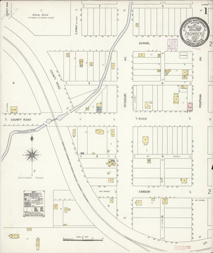 Sanborn Fire Insurance Map from Fromberg, Carbon County, Montana (1907), Sheet #0001 - Complete Map Set gallery image, historic Sanborn map, vintage wall art, Montana Montana
