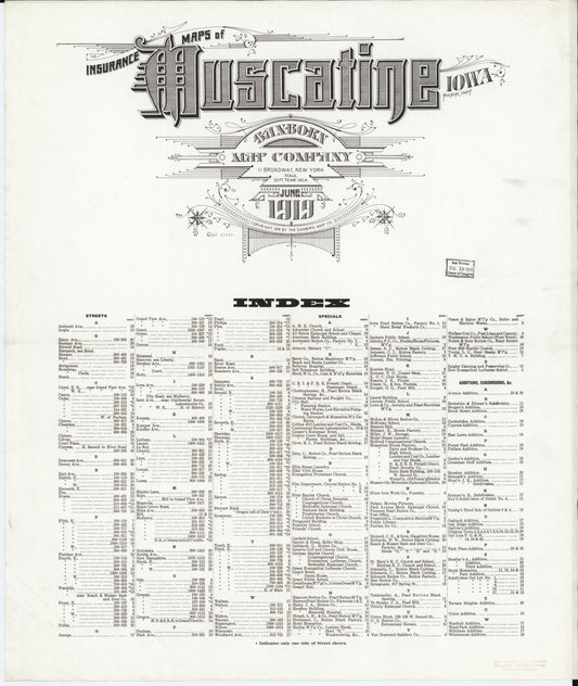 Sanborn Fire Insurance Map from Muscatine, Muscatine County, Iowa (1919), Sheet #0001 - Historic Sanborn Fire Insurance Map Print, vintage old map wall art