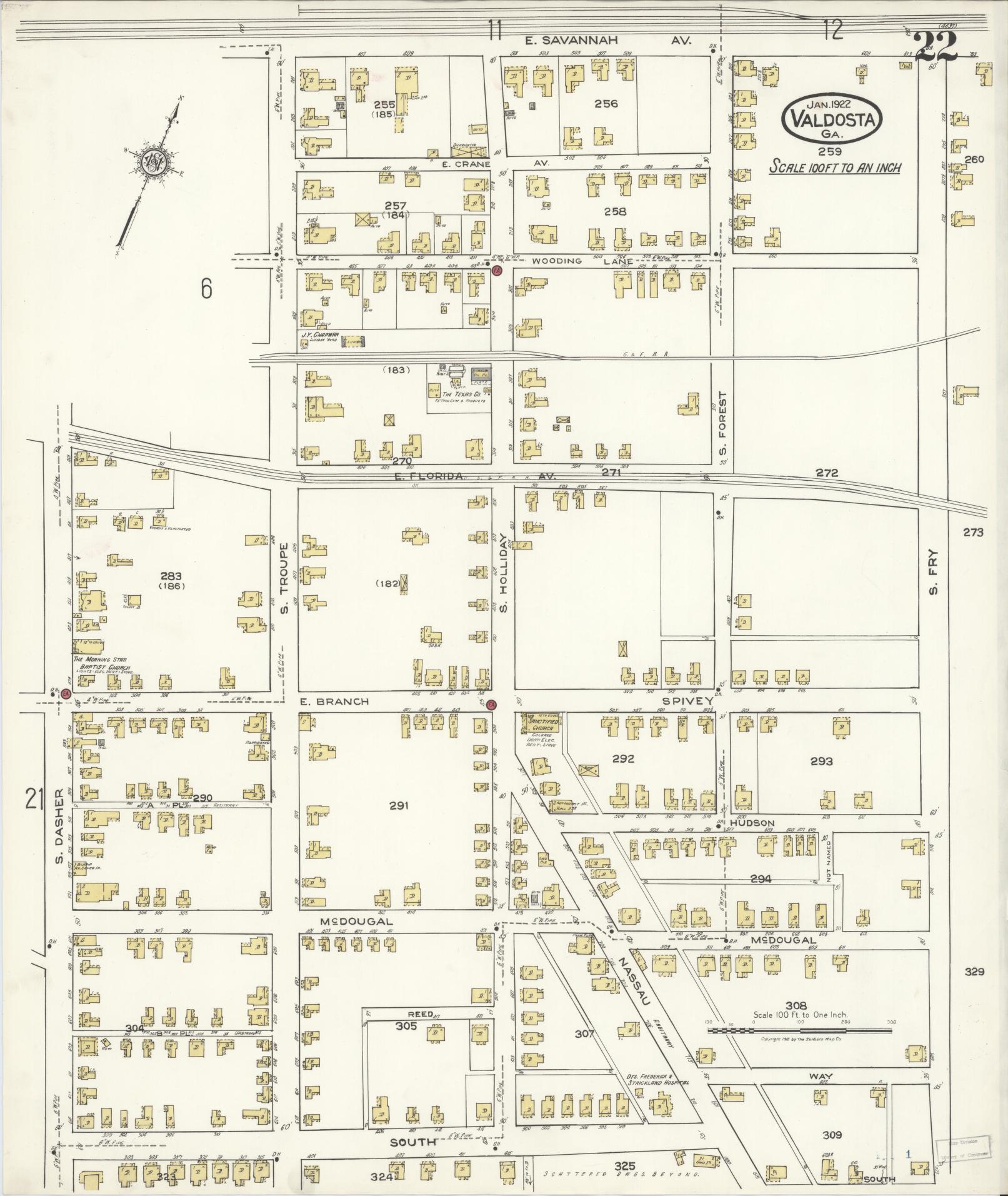 Sanborn Fire Insurance Map from Valdosta, Lowndes County, Georgia (1922), Sheet #0022 - Historic Sanborn Fire Insurance Map Print, vintage old map wall art, antique decor, genealogy gift, Georgia Georgia map