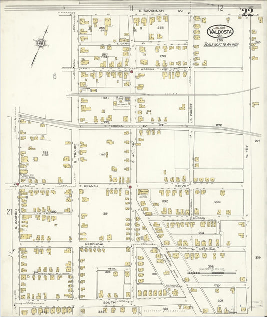 Sanborn Fire Insurance Map from Valdosta, Lowndes County, Georgia (1922), Sheet #0022 - Historic Sanborn Fire Insurance Map Print, vintage old map wall art, antique decor, genealogy gift, Georgia Georgia map