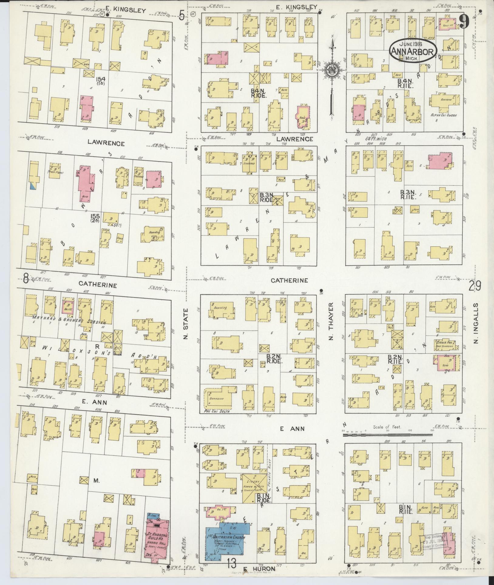 Sanborn Fire Insurance Map from Ann Arbor, Washtenaw County, Michigan (1916), Sheet #0009 - Complete Map Set gallery image, historic Sanborn map, vintage wall art, Michigan Michigan