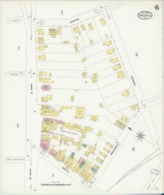 Sanborn Fire Insurance Map from Freehold, Monmouth County, New Jersey (1909), Sheet #0006 - Historic Sanborn Fire Insurance Map Print, vintage old map wall art, antique decor, genealogy gift, New Jersey New Jersey map