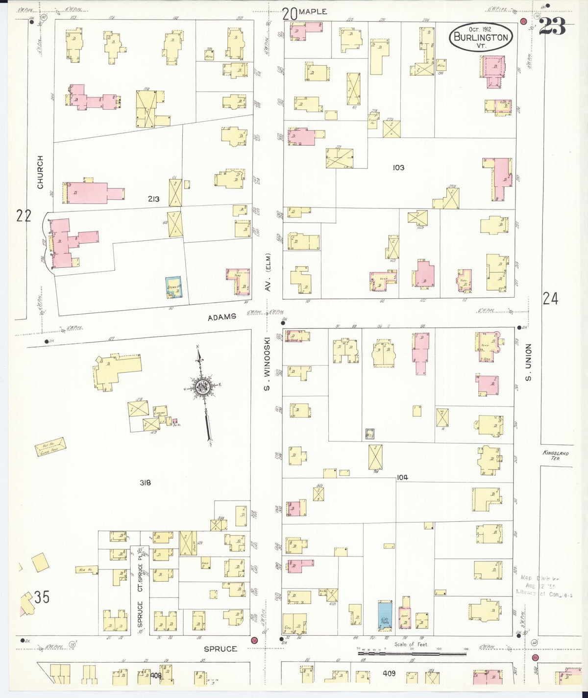 Sanborn Fire Insurance Map from Burlington, Chittenden County, Vermont (1912), Sheet #0023 - Historic Sanborn Fire Insurance Map Print, vintage old map wall art, antique decor, genealogy gift, Vermont Vermont map