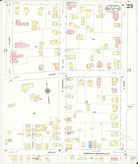 Sanborn Fire Insurance Map from Burlington, Chittenden County, Vermont (1912), Sheet #0023 - Historic Sanborn Fire Insurance Map Print, vintage old map wall art, antique decor, genealogy gift, Vermont Vermont map