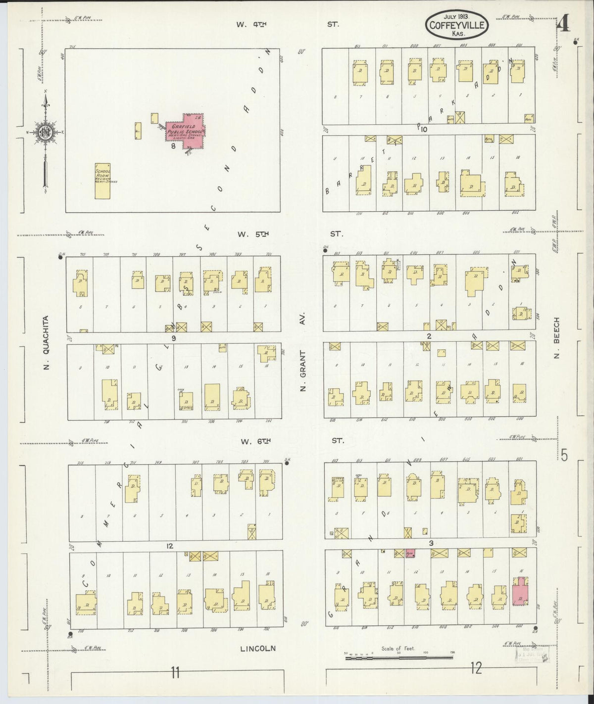 Sanborn Fire Insurance Map from Coffeyville, Montgomery County, Kansas (1913), Sheet #0004 - Historic Sanborn Fire Insurance Map Print, vintage old map wall art, antique decor, genealogy gift, Kansas Kansas map