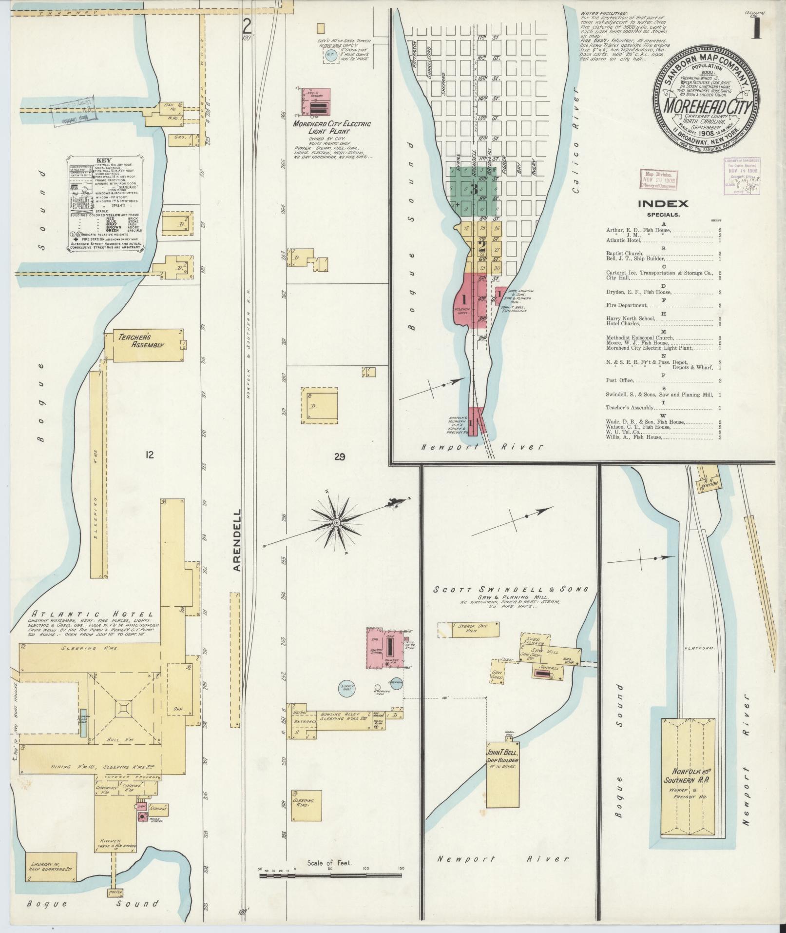 Sanborn Fire Insurance Map from Morehead City, Carteret County, North Carolina (1908), Sheet #0001 - Historic Sanborn Fire Insurance Map Print, vintage old map wall art, antique decor, genealogy gift, North Carolina North Carolina map