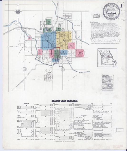 Sanborn Fire Insurance Map from Fulton, Callaway County, Missouri (1917), Sheet #0001 - Historic Sanborn Fire Insurance Map Print, vintage old map wall art, antique decor, genealogy gift, Missouri Missouri map