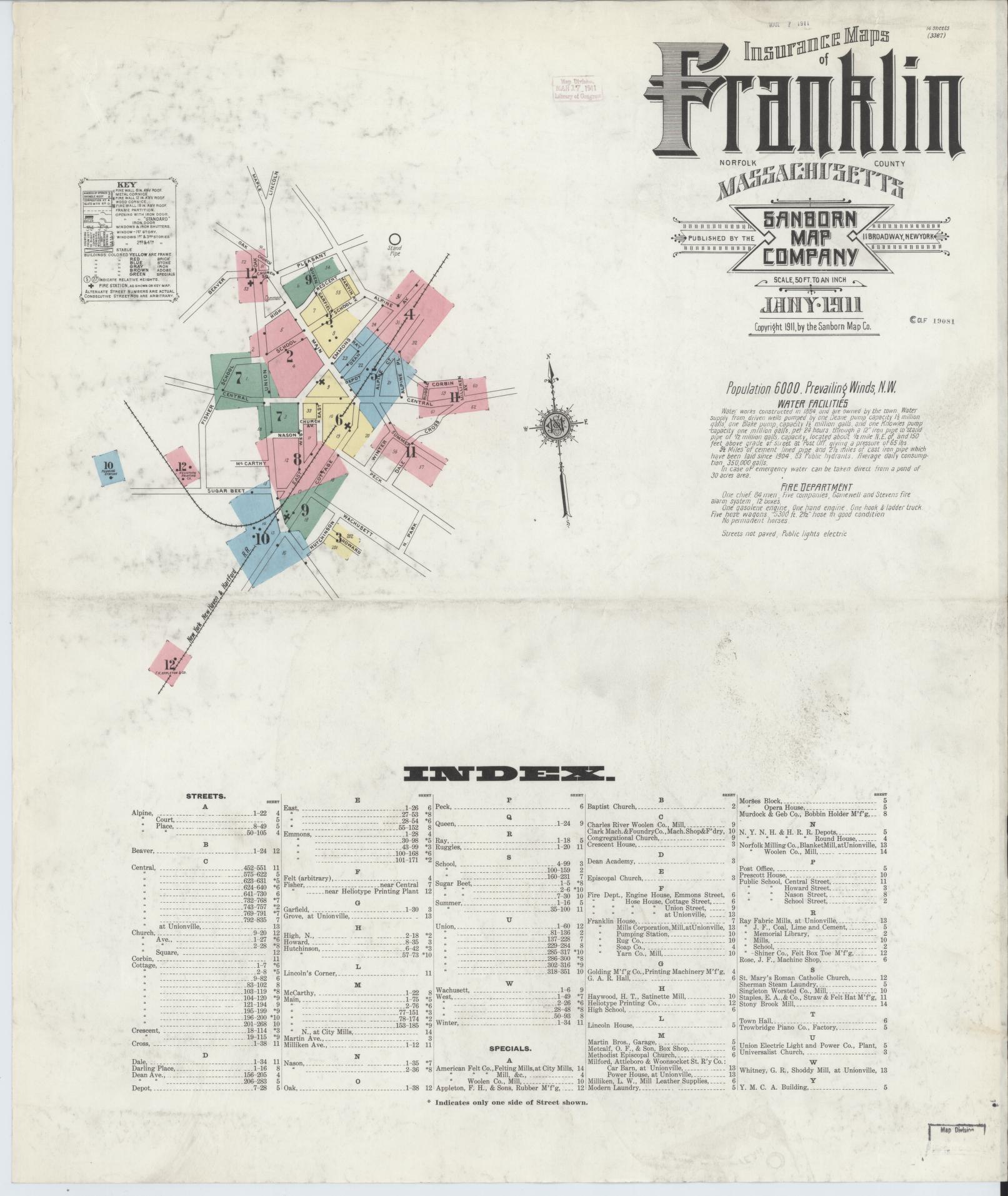 Sanborn Fire Insurance Map from Franklin, Norfolk County, Massachusetts (1911), Sheet #0001 - Complete Map Set gallery image, historic Sanborn map, vintage wall art, Massachusetts Massachusetts
