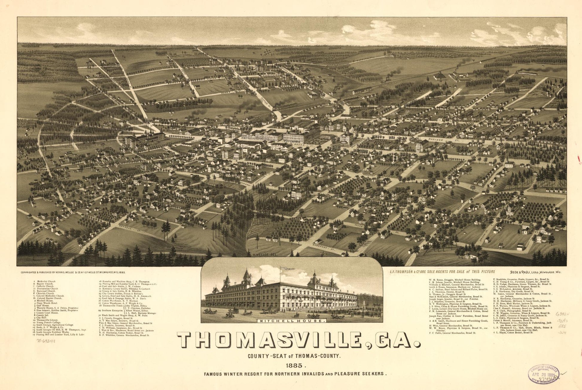 Thomasville, Ga. county-seat of Thomas-County 1885. Famous winter resort for northern invalids and pleasure seekers. (1885) – Historic Bird’s-Eye View Panorama Print